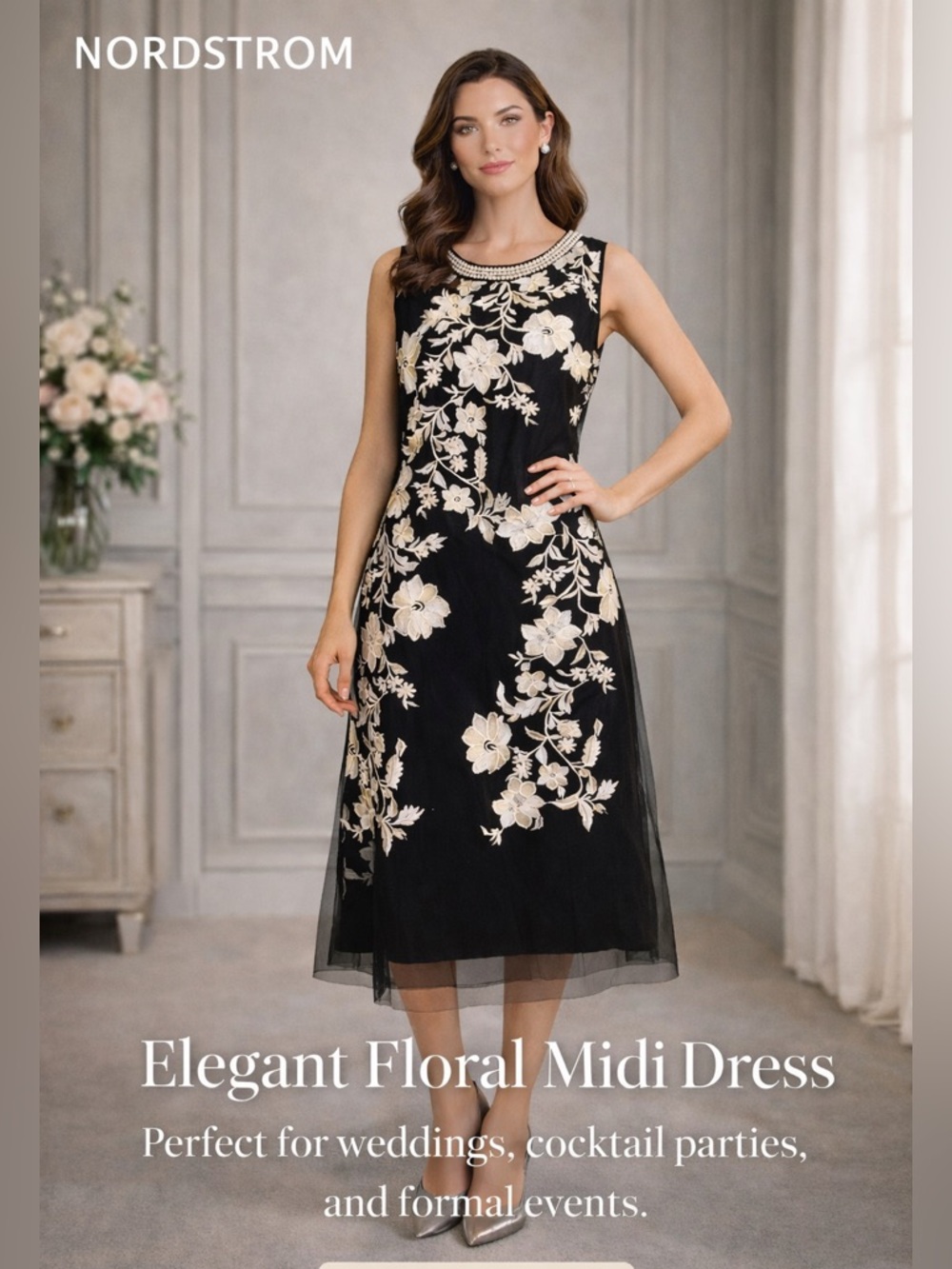 Elegant Black Floral Embroidered Midi Dress Size14 Wedding Guest Cocktail Formal